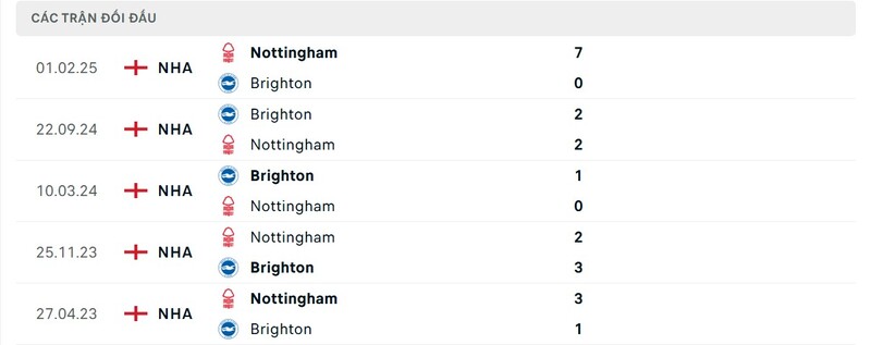 Thành tích đối đầu Brighton vs Nottingham trong quá khứ